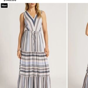 Matty M Striped Sleeveless V-Neck Maxi Dress in Blue, Gray, Cream